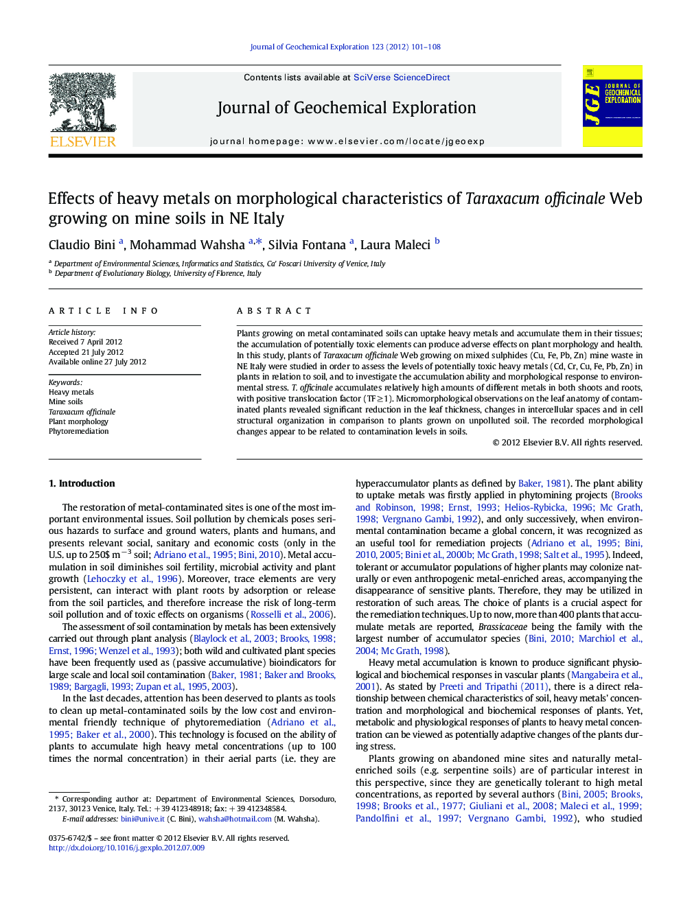 Effects of heavy metals on morphological characteristics of Taraxacum officinale Web growing on mine soils in NE Italy