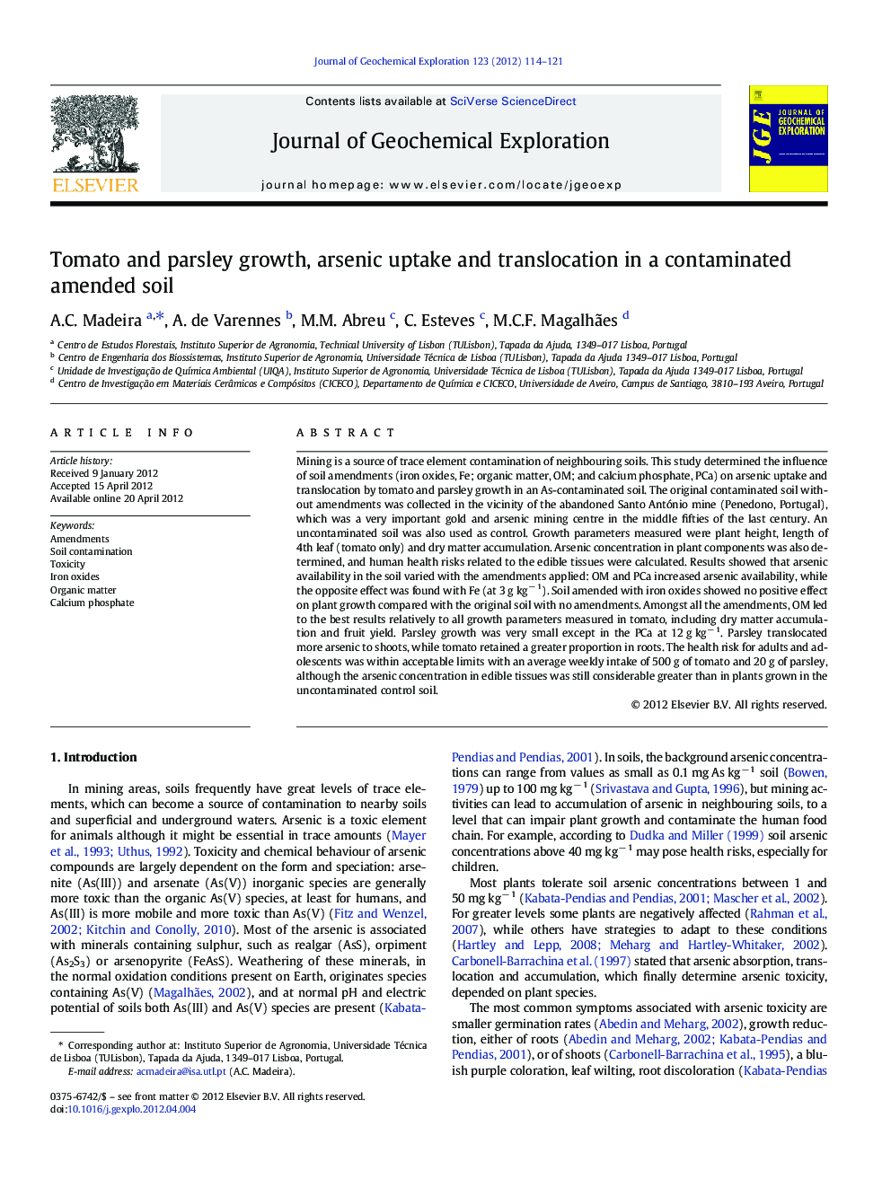 Tomato and parsley growth, arsenic uptake and translocation in a contaminated amended soil