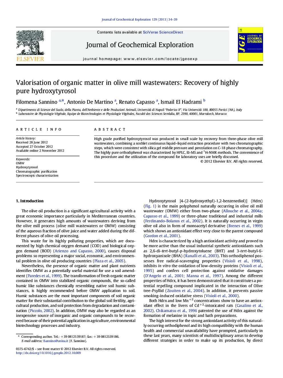 Valorisation of organic matter in olive mill wastewaters: Recovery of highly pure hydroxytyrosol