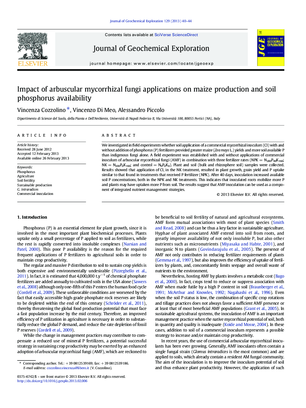 Impact of arbuscular mycorrhizal fungi applications on maize production and soil phosphorus availability