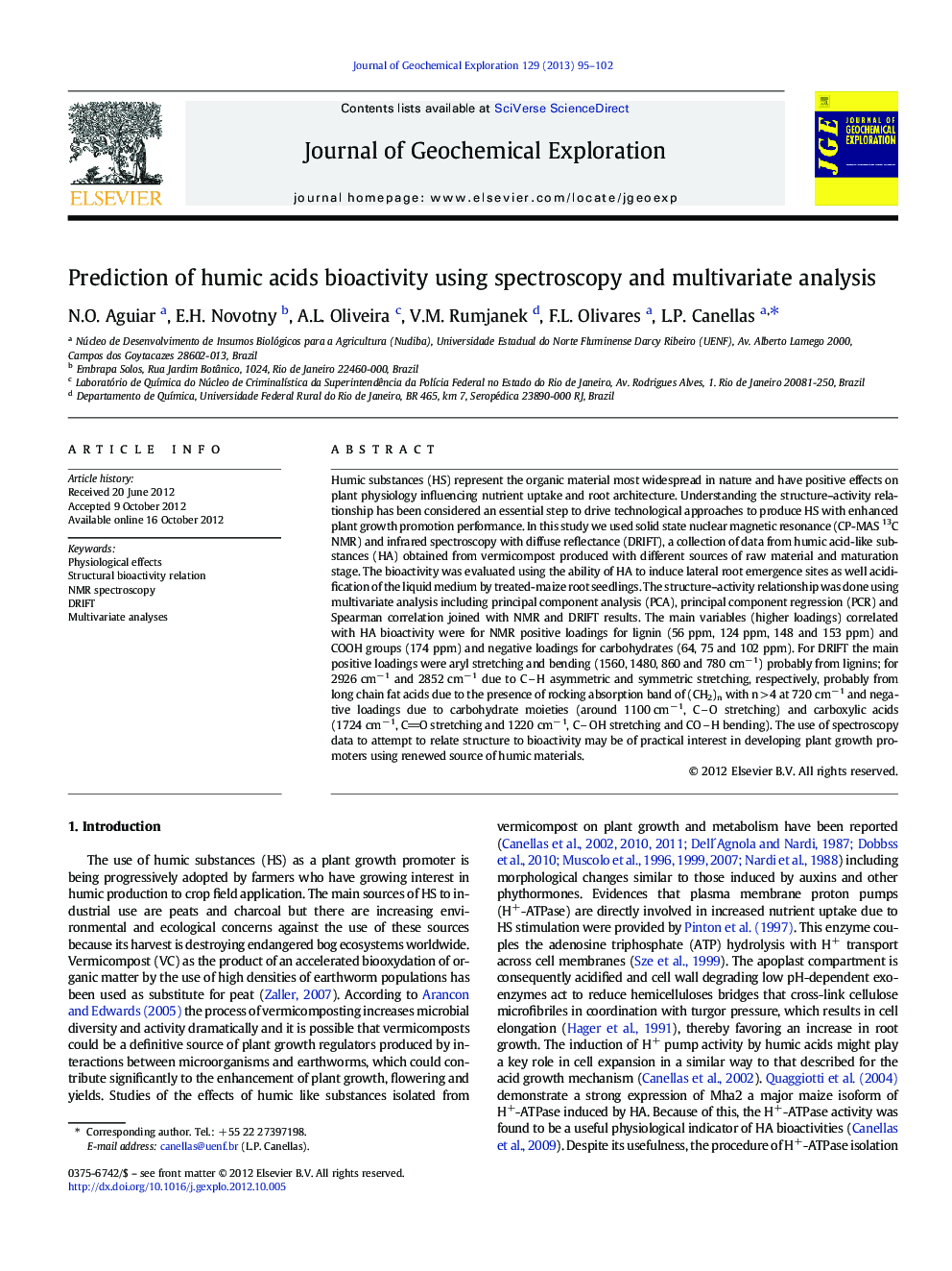 Prediction of humic acids bioactivity using spectroscopy and multivariate analysis