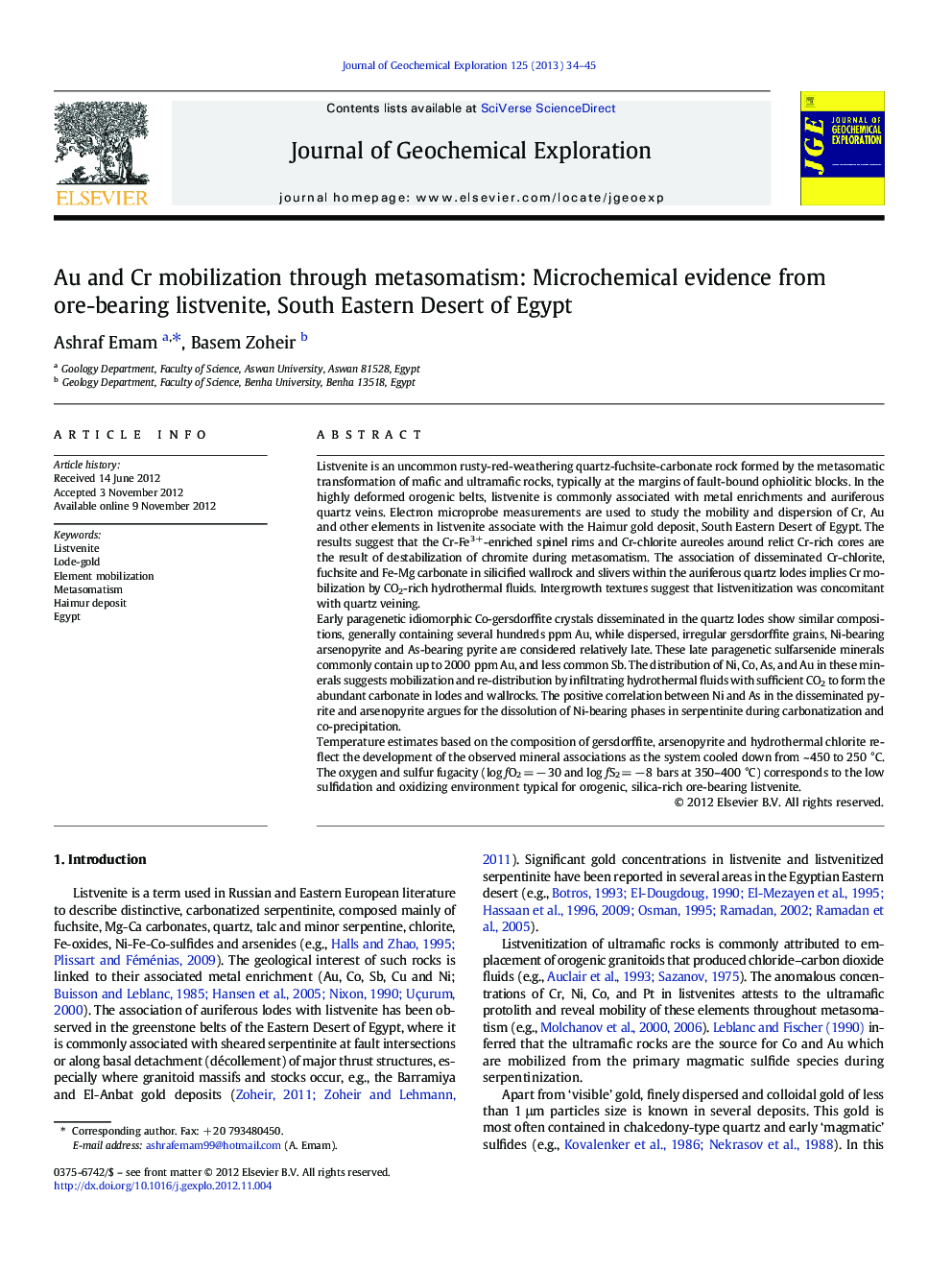 Au and Cr mobilization through metasomatism: Microchemical evidence from ore-bearing listvenite, South Eastern Desert of Egypt