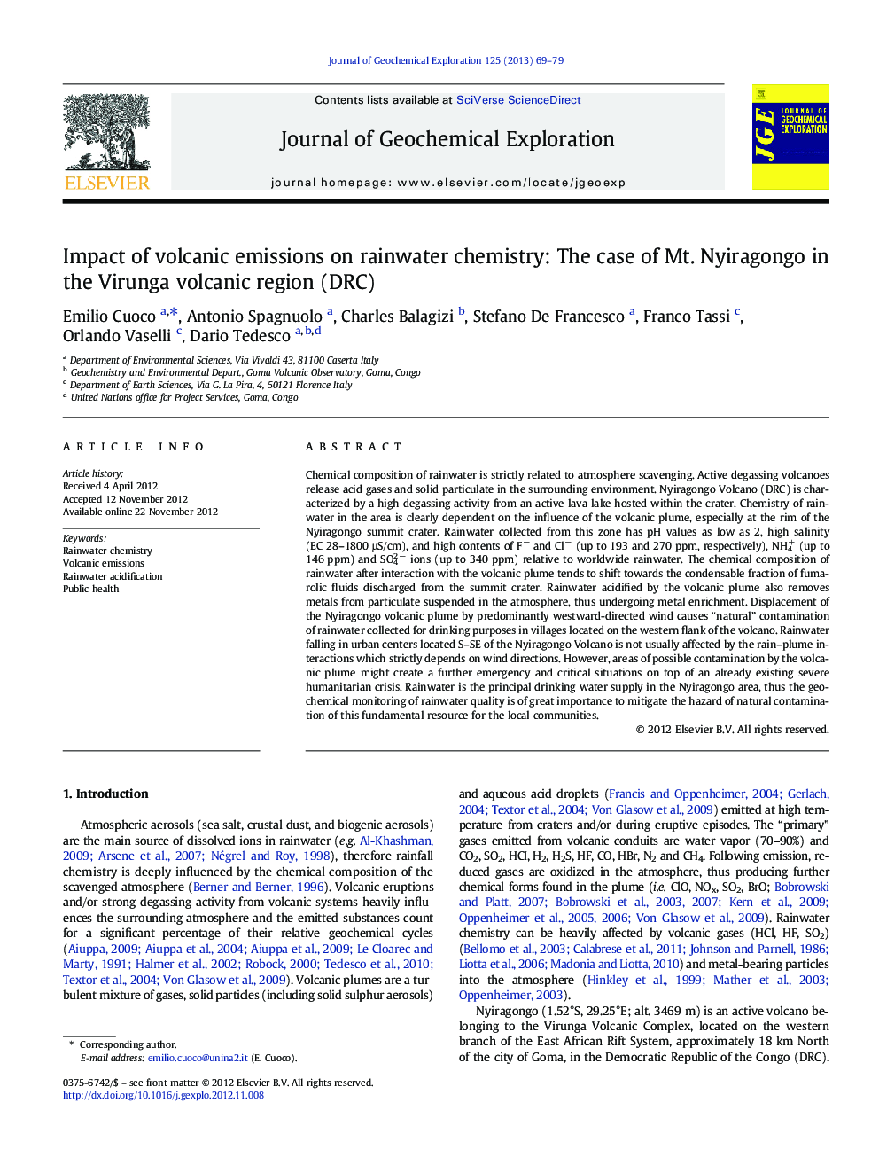 Impact of volcanic emissions on rainwater chemistry: The case of Mt. Nyiragongo in the Virunga volcanic region (DRC)