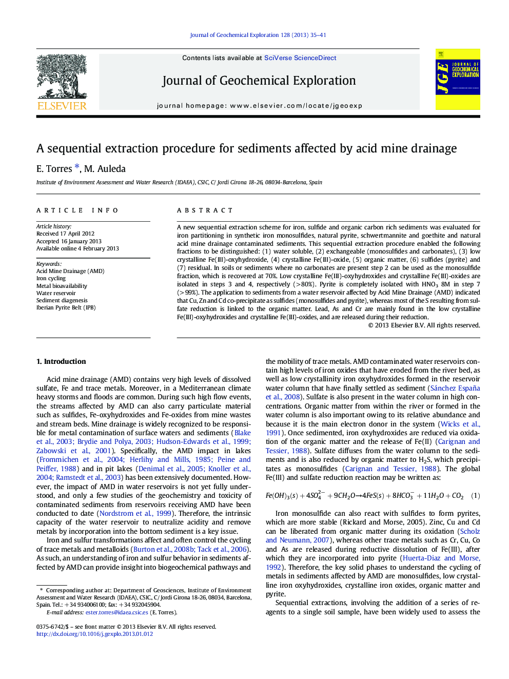 A sequential extraction procedure for sediments affected by acid mine drainage