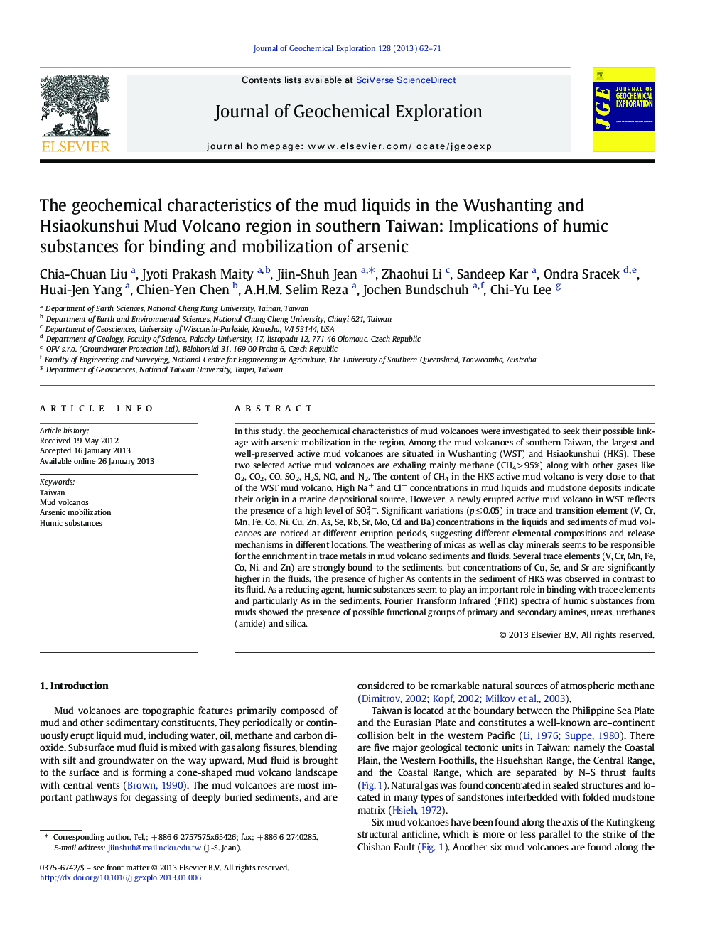 The geochemical characteristics of the mud liquids in the Wushanting and Hsiaokunshui Mud Volcano region in southern Taiwan: Implications of humic substances for binding and mobilization of arsenic