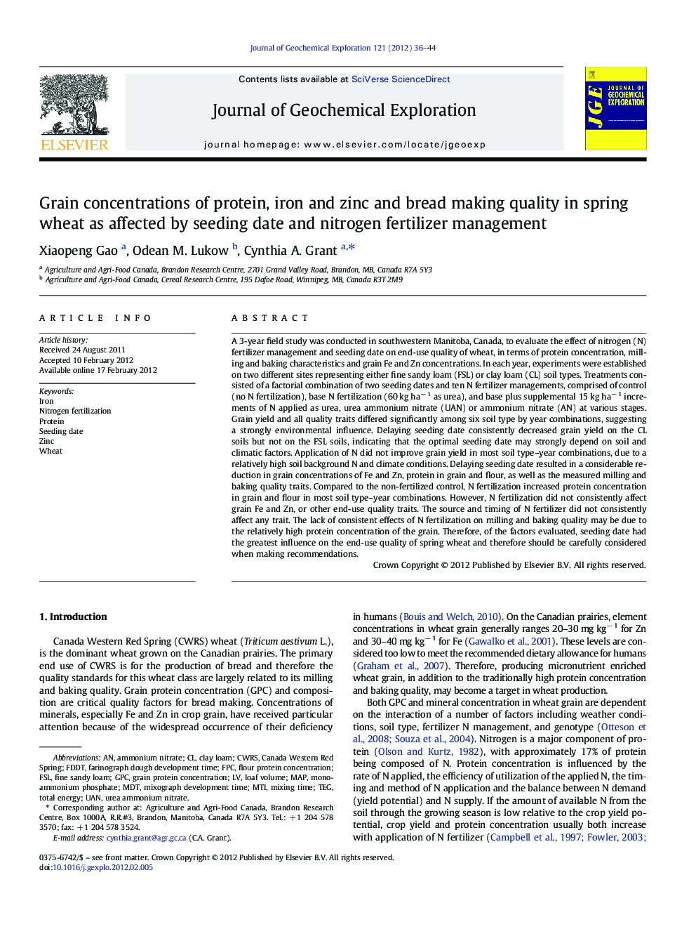 Grain concentrations of protein, iron and zinc and bread making quality in spring wheat as affected by seeding date and nitrogen fertilizer management