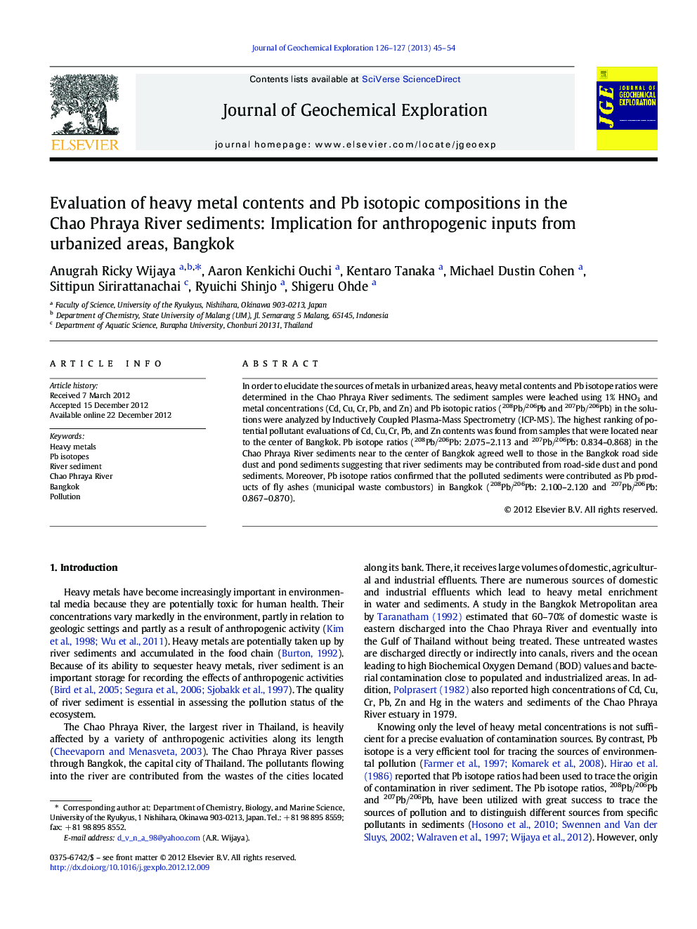 Evaluation of heavy metal contents and Pb isotopic compositions in the Chao Phraya River sediments: Implication for anthropogenic inputs from urbanized areas, Bangkok