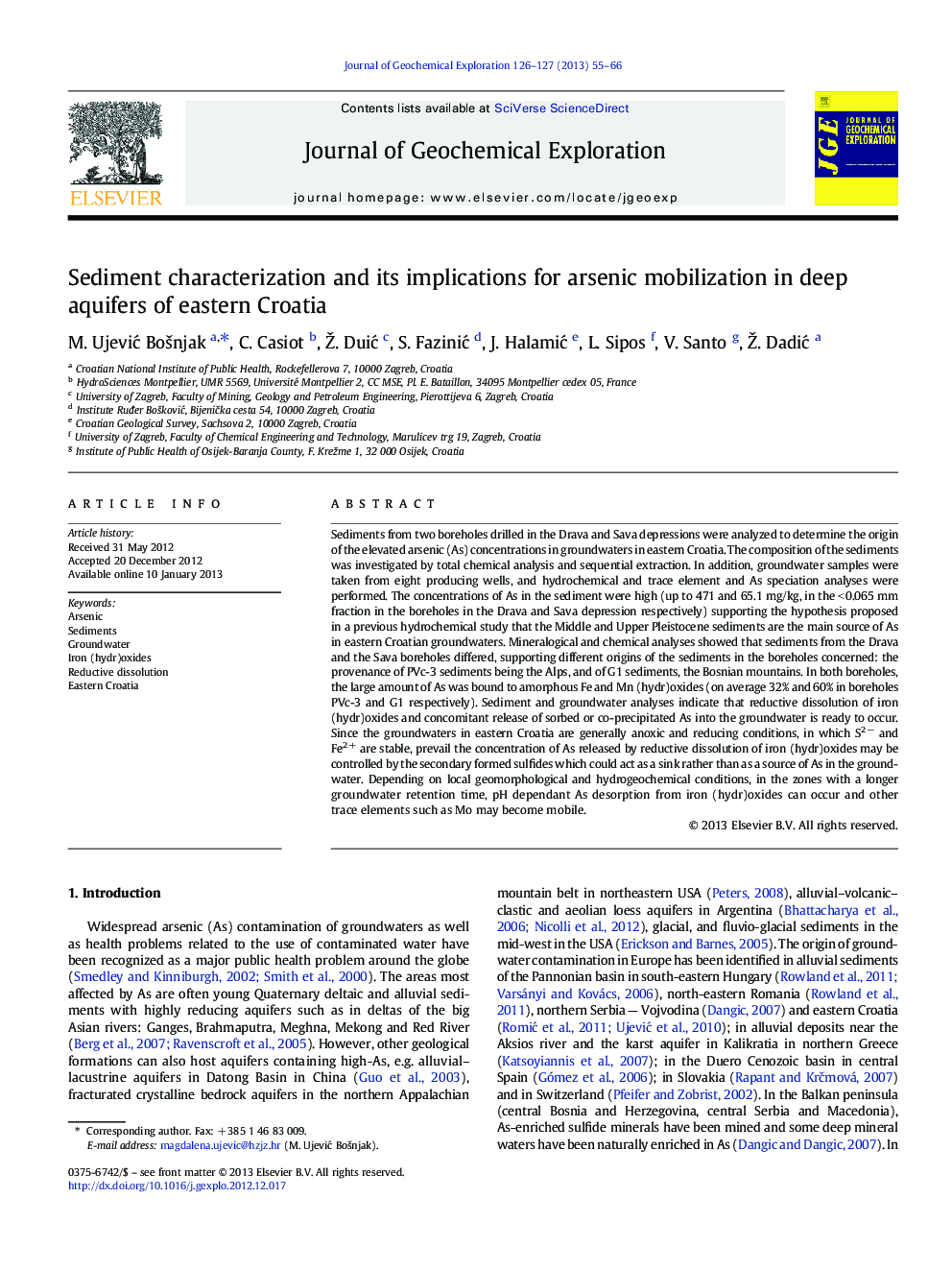 Sediment characterization and its implications for arsenic mobilization in deep aquifers of eastern Croatia