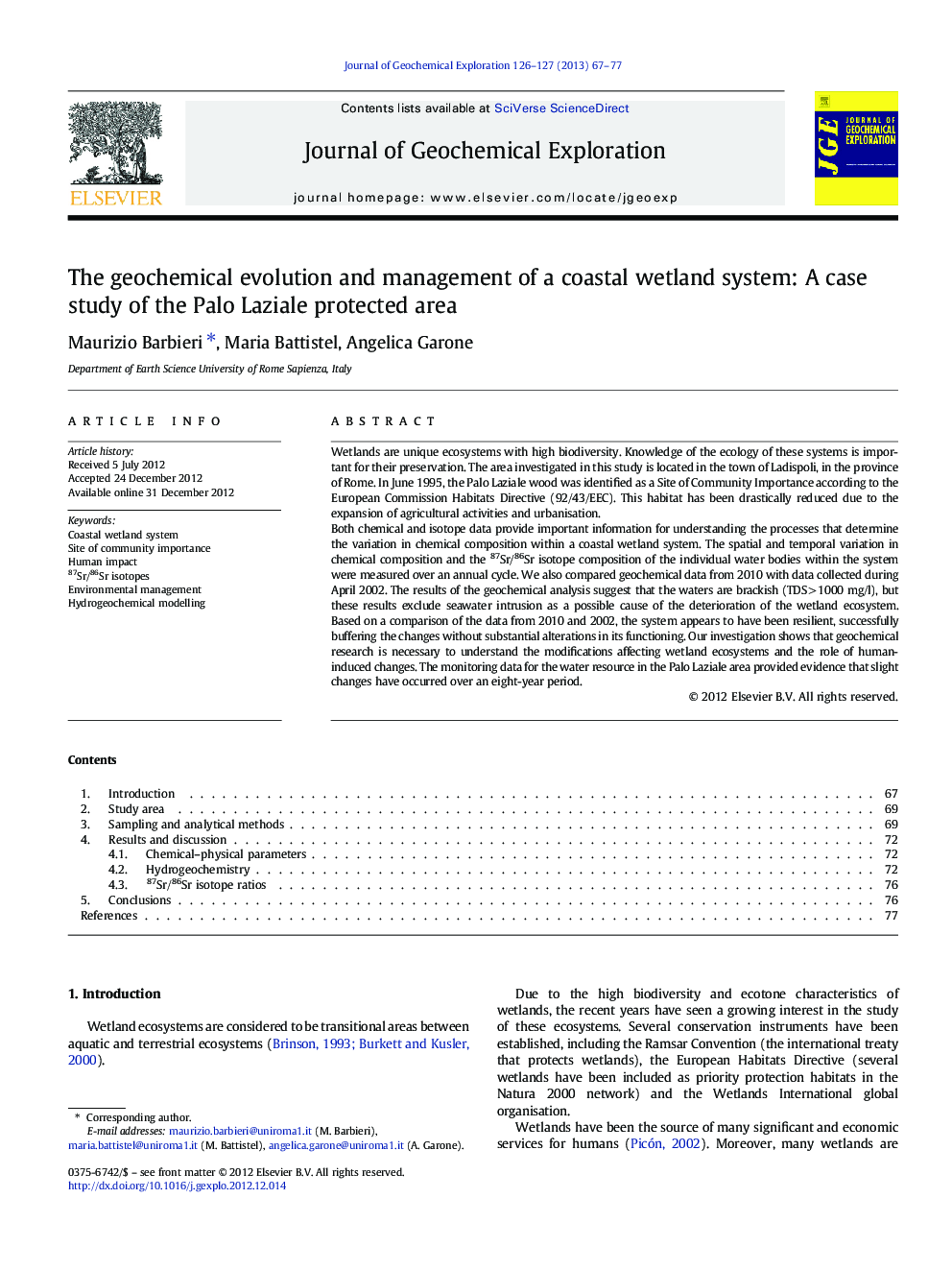 The geochemical evolution and management of a coastal wetland system: A case study of the Palo Laziale protected area