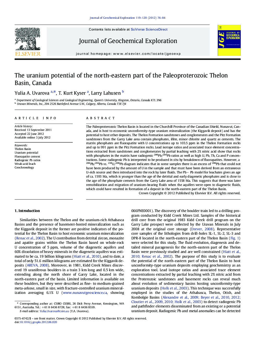 The uranium potential of the north-eastern part of the Paleoproterozoic Thelon Basin, Canada