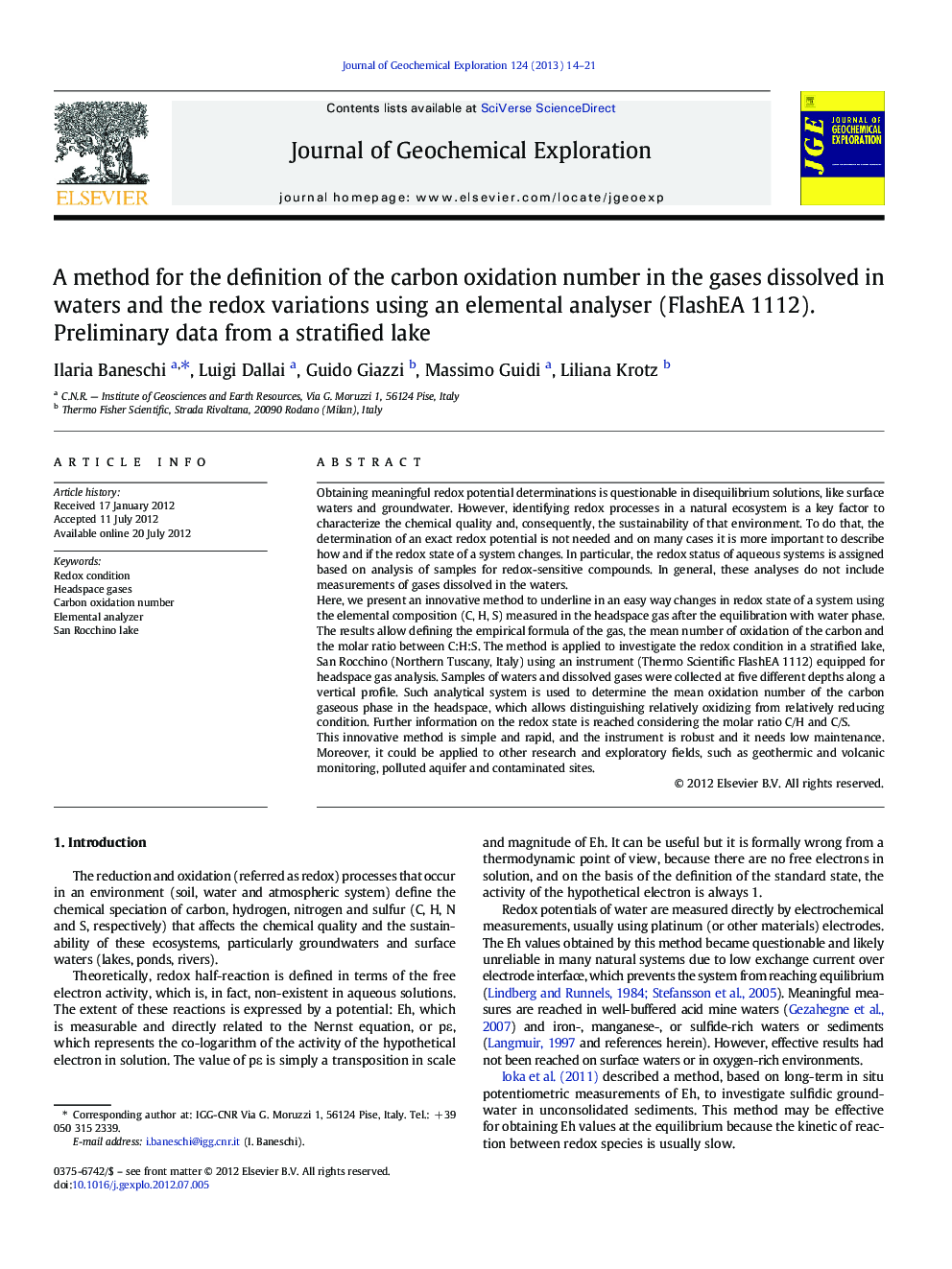 A method for the definition of the carbon oxidation number in the gases dissolved in waters and the redox variations using an elemental analyser (FlashEA 1112). Preliminary data from a stratified lake