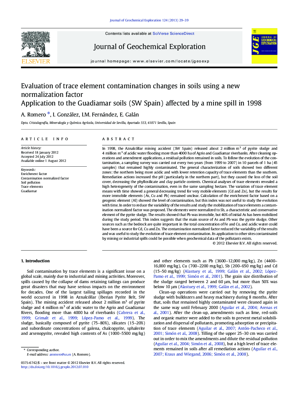 Evaluation of trace element contamination changes in soils using a new normalization factor: Application to the Guadiamar soils (SW Spain) affected by a mine spill in 1998