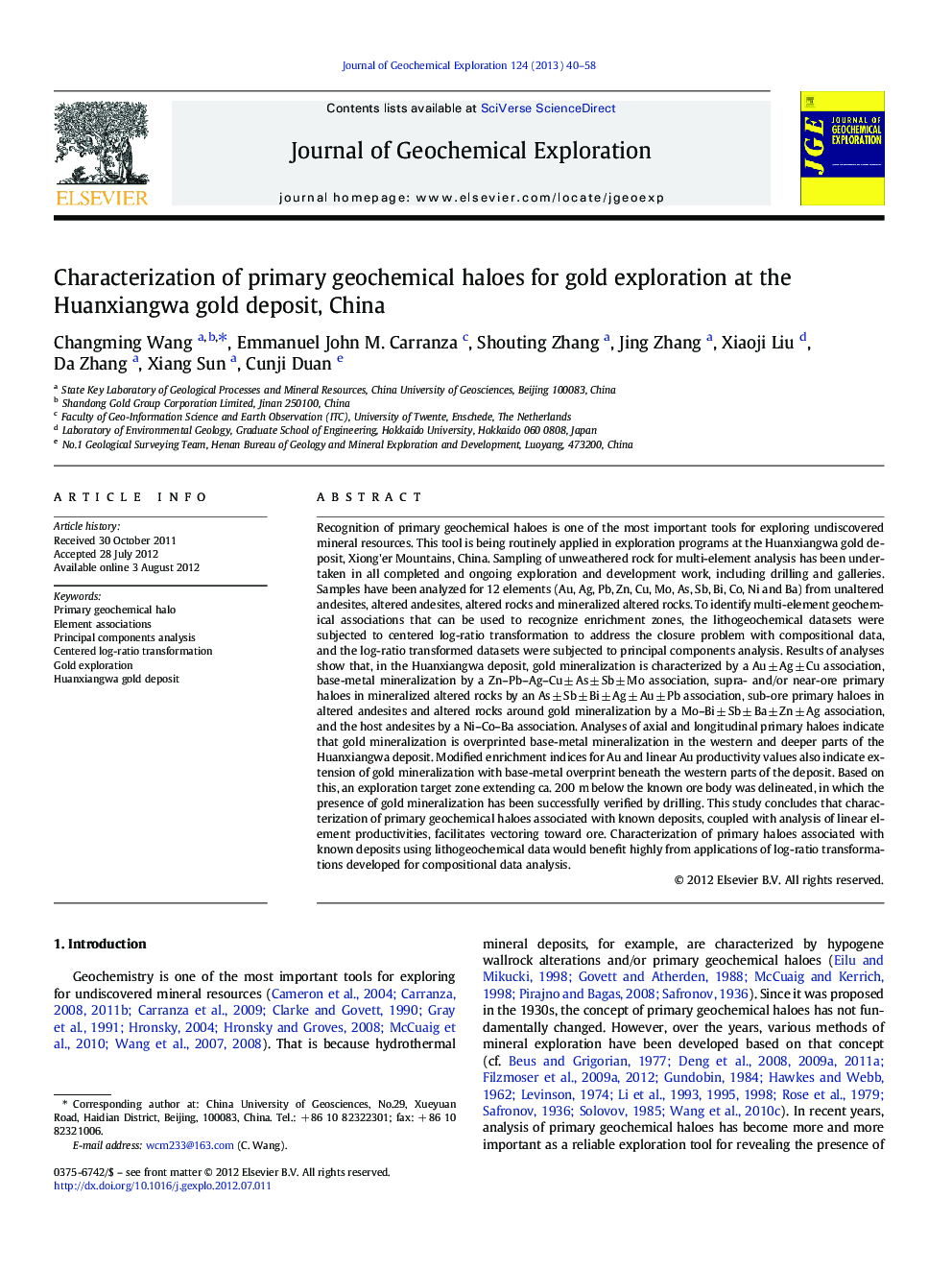Characterization of primary geochemical haloes for gold exploration at the Huanxiangwa gold deposit, China