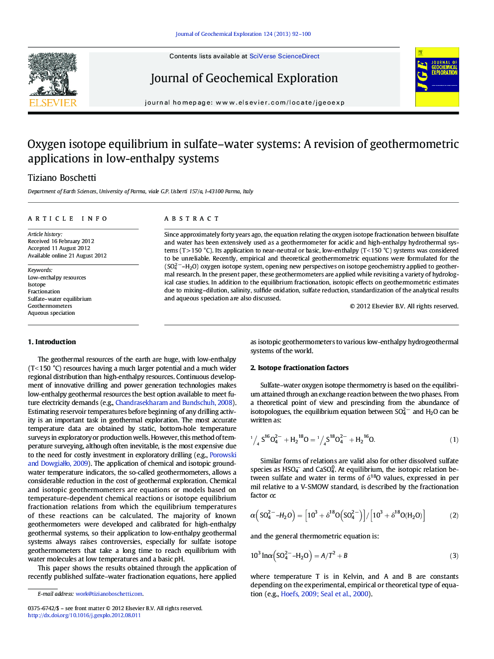 Oxygen isotope equilibrium in sulfate–water systems: A revision of geothermometric applications in low-enthalpy systems