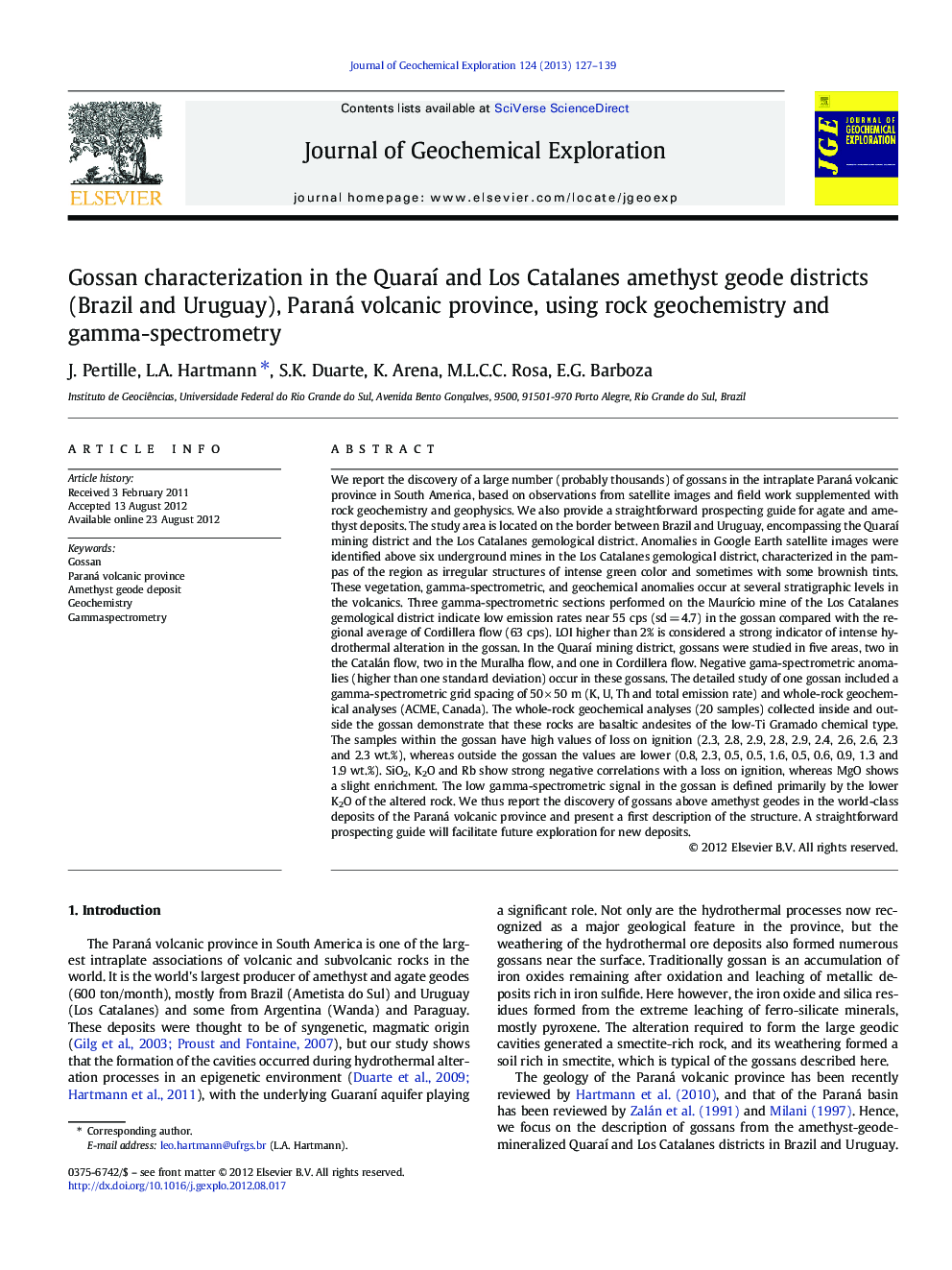 Gossan characterization in the Quaraí and Los Catalanes amethyst geode districts (Brazil and Uruguay), Paraná volcanic province, using rock geochemistry and gamma-spectrometry