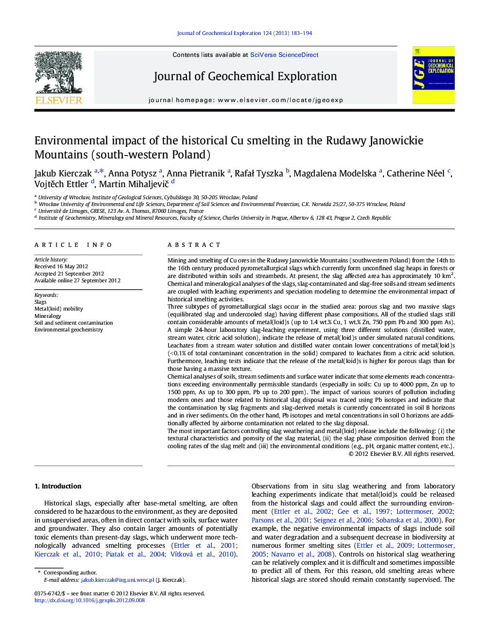 Environmental impact of the historical Cu smelting in the Rudawy Janowickie Mountains (south-western Poland)