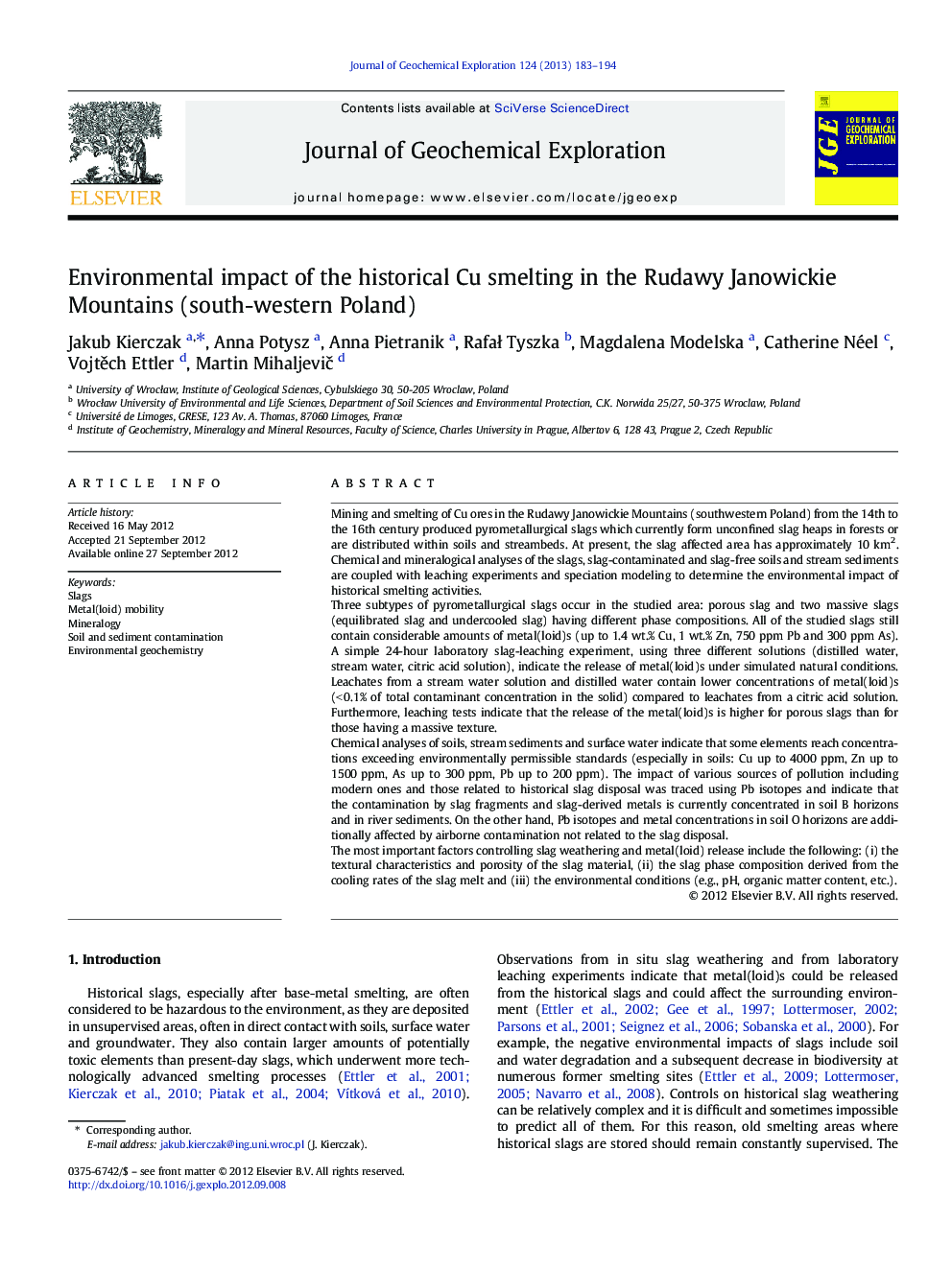 عکس صفحه اول مقاله: Environmental impact of the historical Cu smelting in the Rudawy Janowickie Mountains (south-western Poland) Environmental impact of the historical Cu smelting in the Rudawy Janowickie Mountains (south-western Poland)