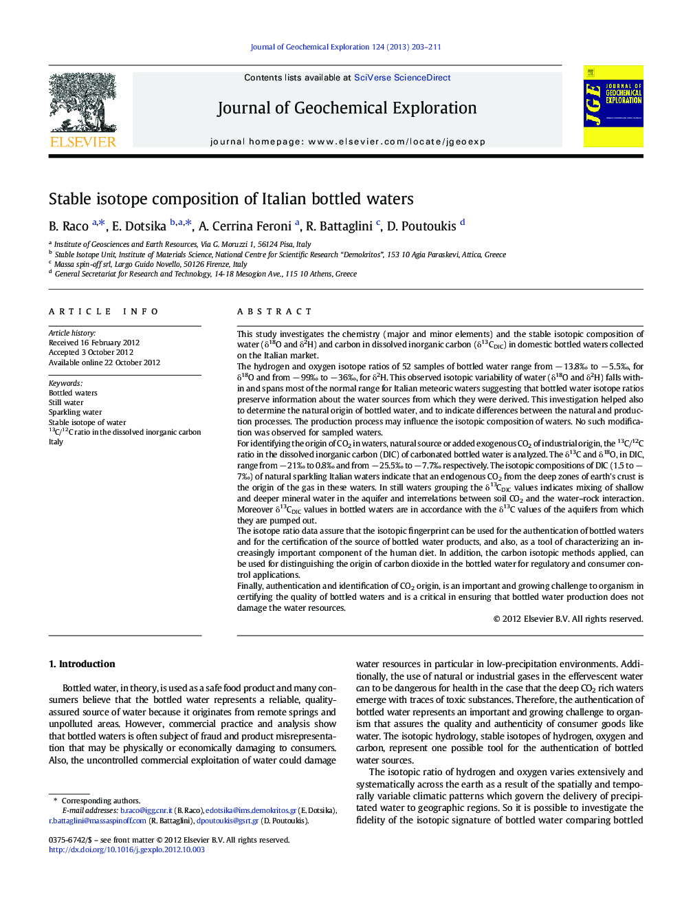 Stable isotope composition of Italian bottled waters