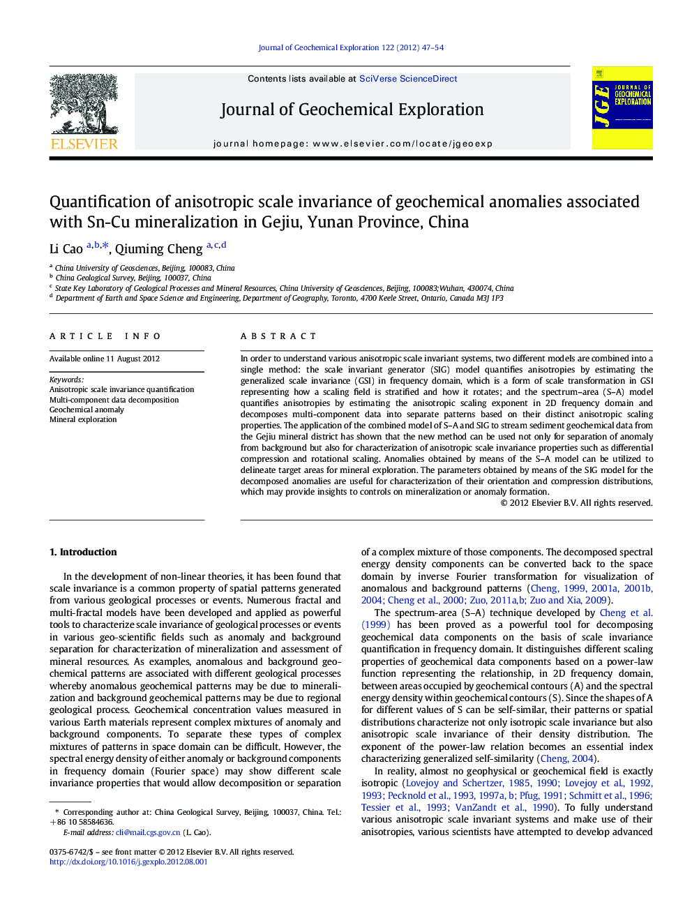 Quantification of anisotropic scale invariance of geochemical anomalies associated with Sn-Cu mineralization in Gejiu, Yunan Province, China