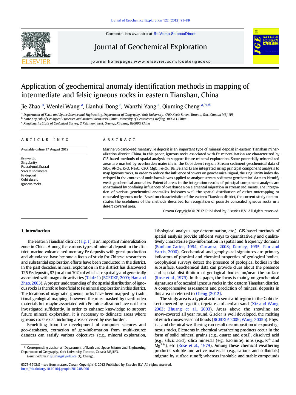 Application of geochemical anomaly identification methods in mapping of intermediate and felsic igneous rocks in eastern Tianshan, China