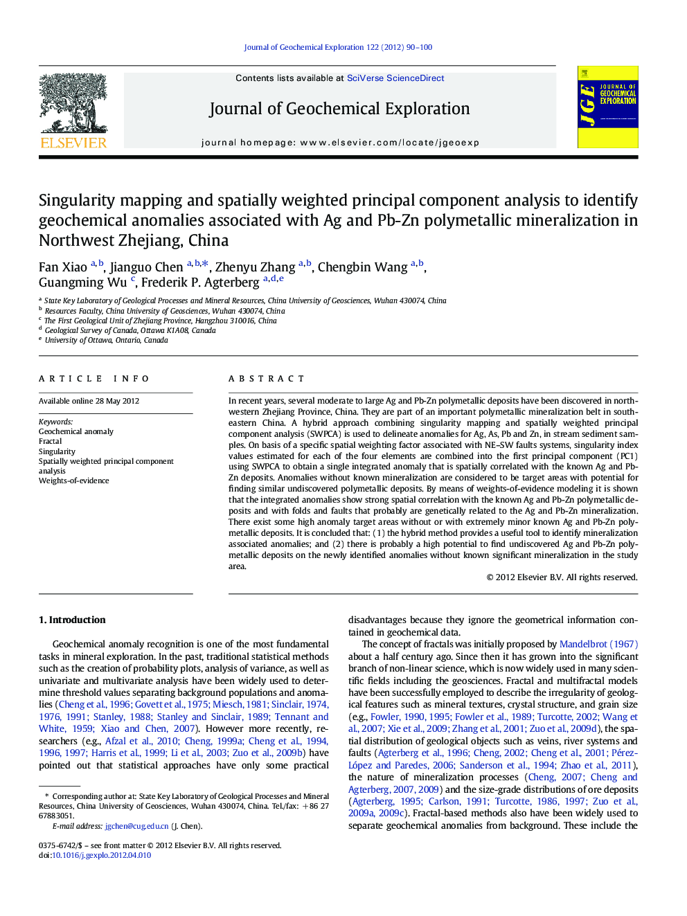 Singularity mapping and spatially weighted principal component analysis to identify geochemical anomalies associated with Ag and Pb-Zn polymetallic mineralization in Northwest Zhejiang, China