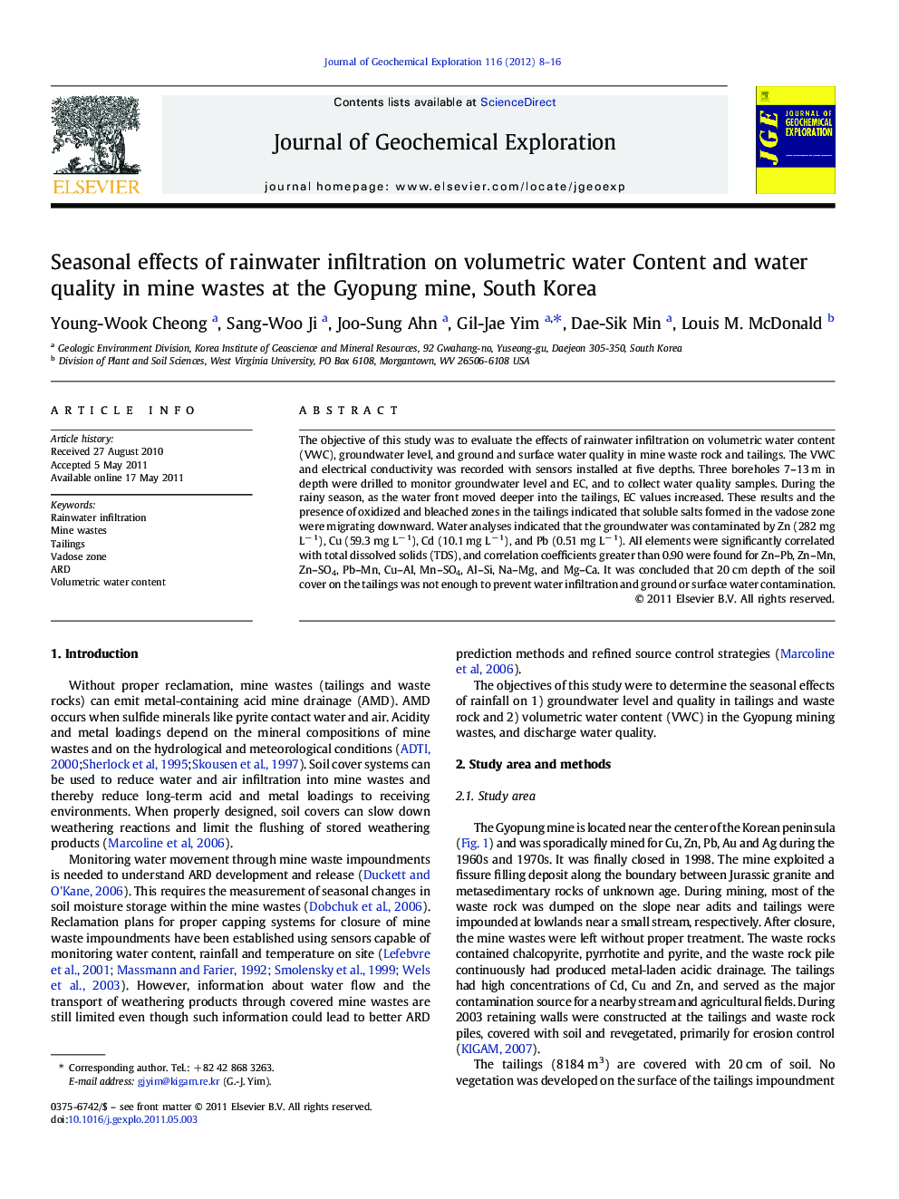 عکس صفحه اول مقاله: Seasonal effects of rainwater infiltration on volumetric water Content and water quality in mine wastes at the Gyopung mine, South Korea Seasonal effects of rainwater infiltration on volumetric water Content and water quality in mine wastes at the Gyopung mine, South Korea