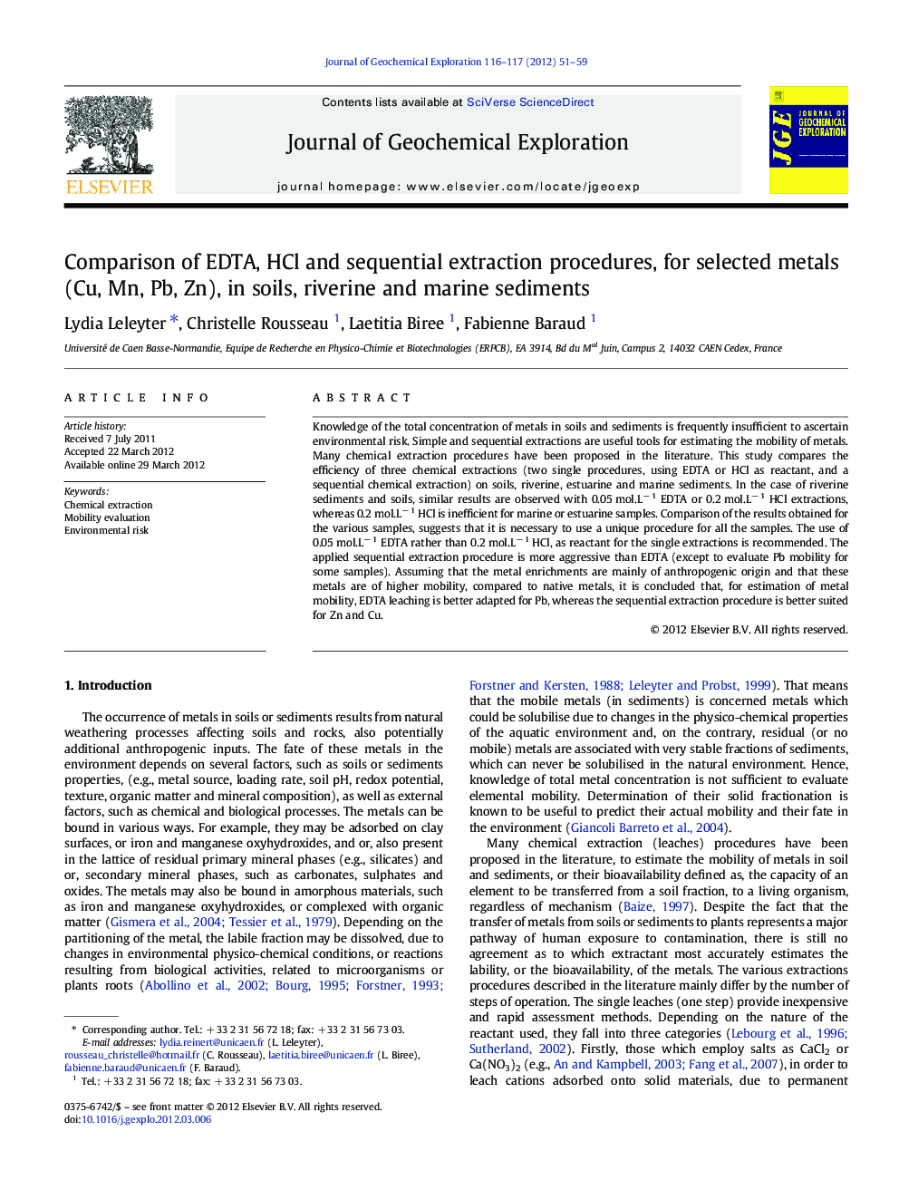 Comparison of EDTA, HCl and sequential extraction procedures, for selected metals (Cu, Mn, Pb, Zn), in soils, riverine and marine sediments