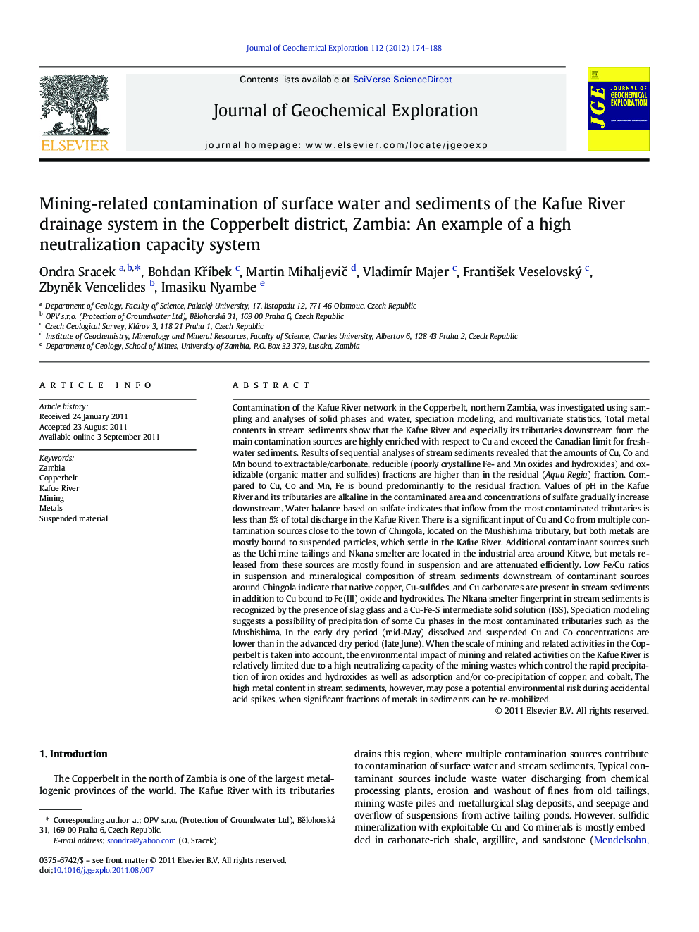 Mining-related contamination of surface water and sediments of the Kafue River drainage system in the Copperbelt district, Zambia: An example of a high neutralization capacity system