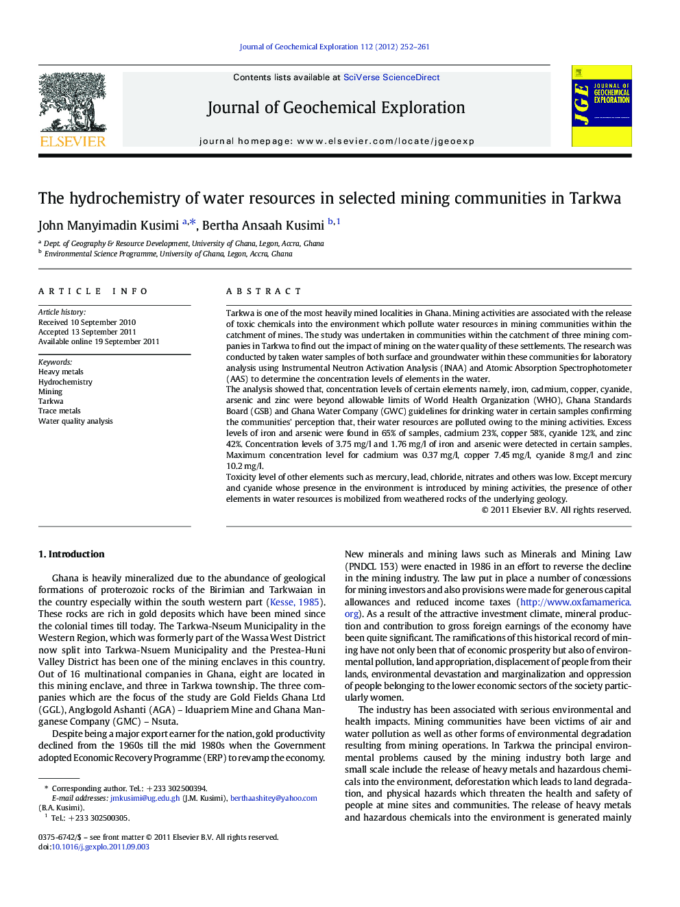 The hydrochemistry of water resources in selected mining communities in Tarkwa