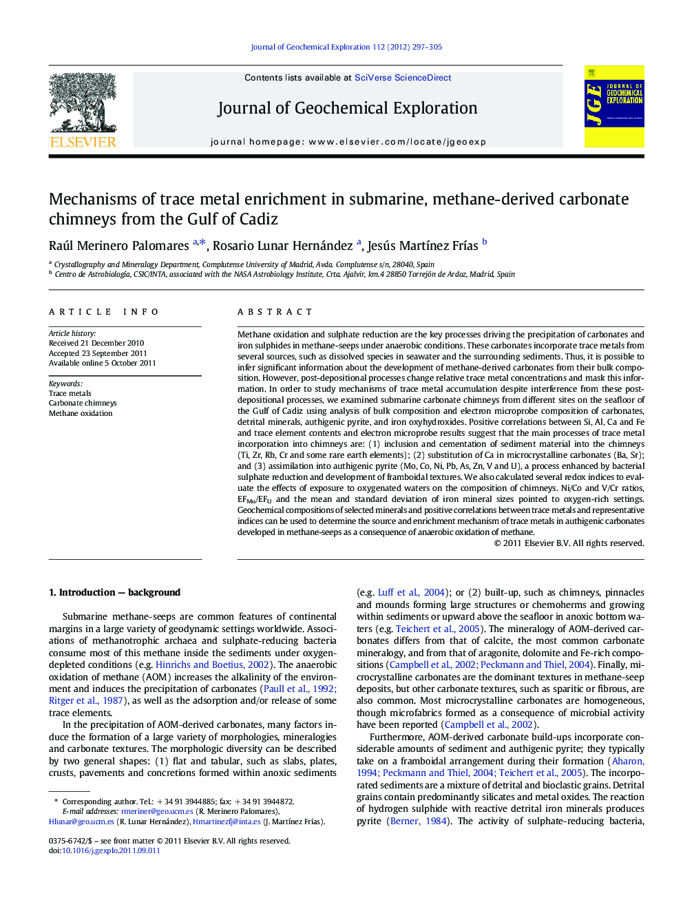 Mechanisms of trace metal enrichment in submarine, methane-derived carbonate chimneys from the Gulf of Cadiz