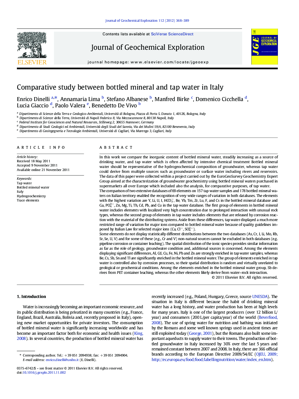 Comparative study between bottled mineral and tap water in Italy