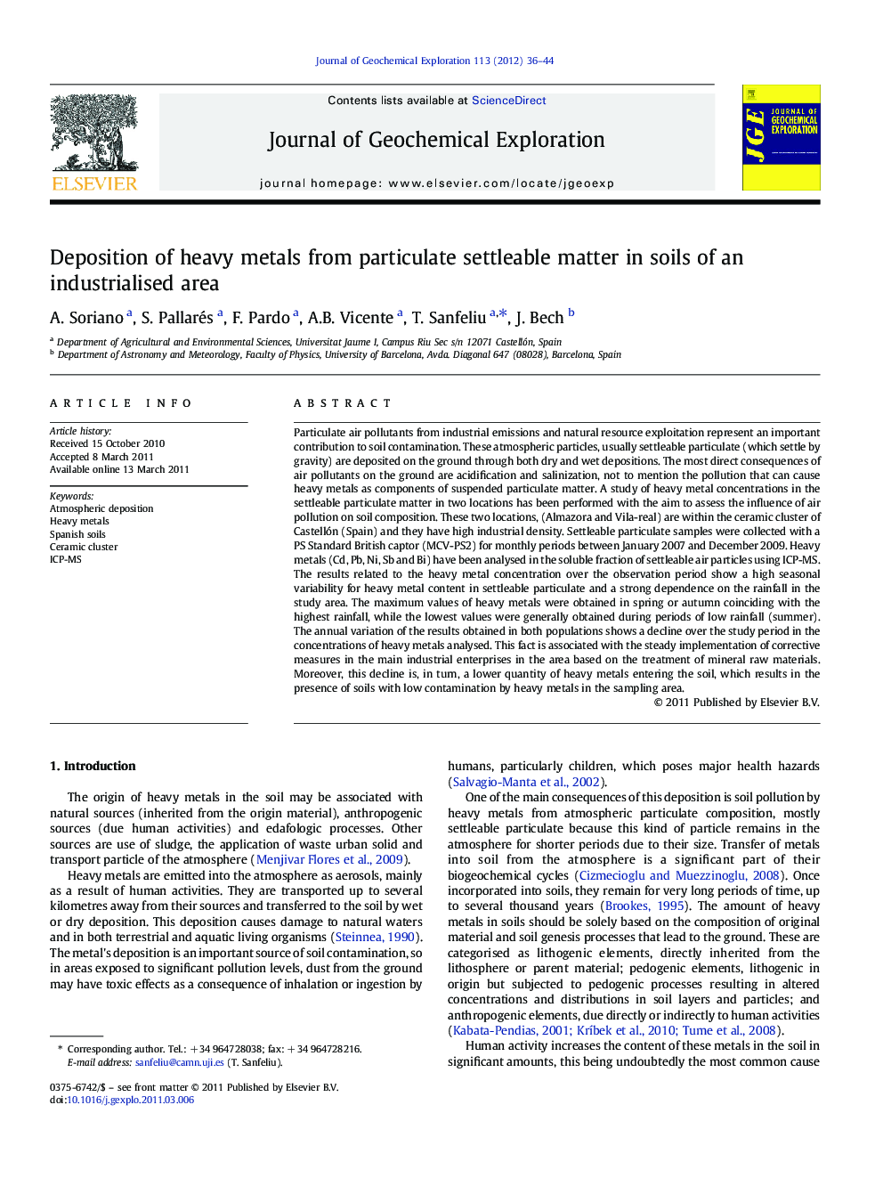 Deposition of heavy metals from particulate settleable matter in soils of an industrialised area