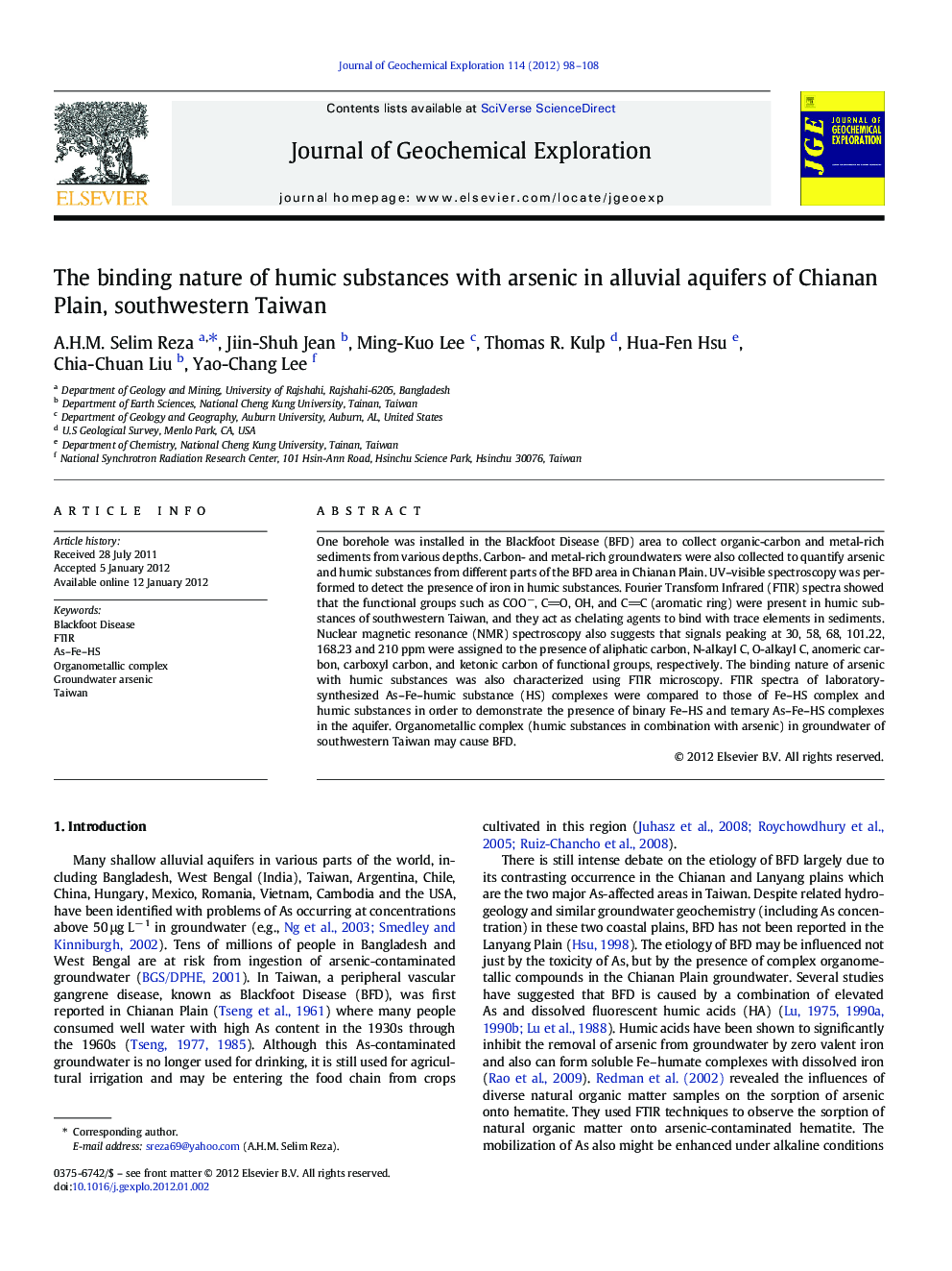 The binding nature of humic substances with arsenic in alluvial aquifers of Chianan Plain, southwestern Taiwan