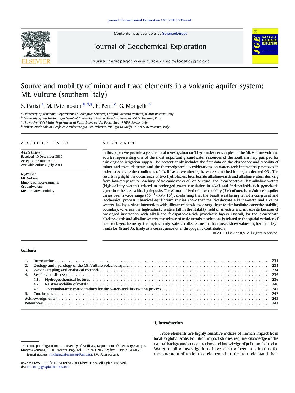 Source and mobility of minor and trace elements in a volcanic aquifer system: Mt. Vulture (southern Italy)