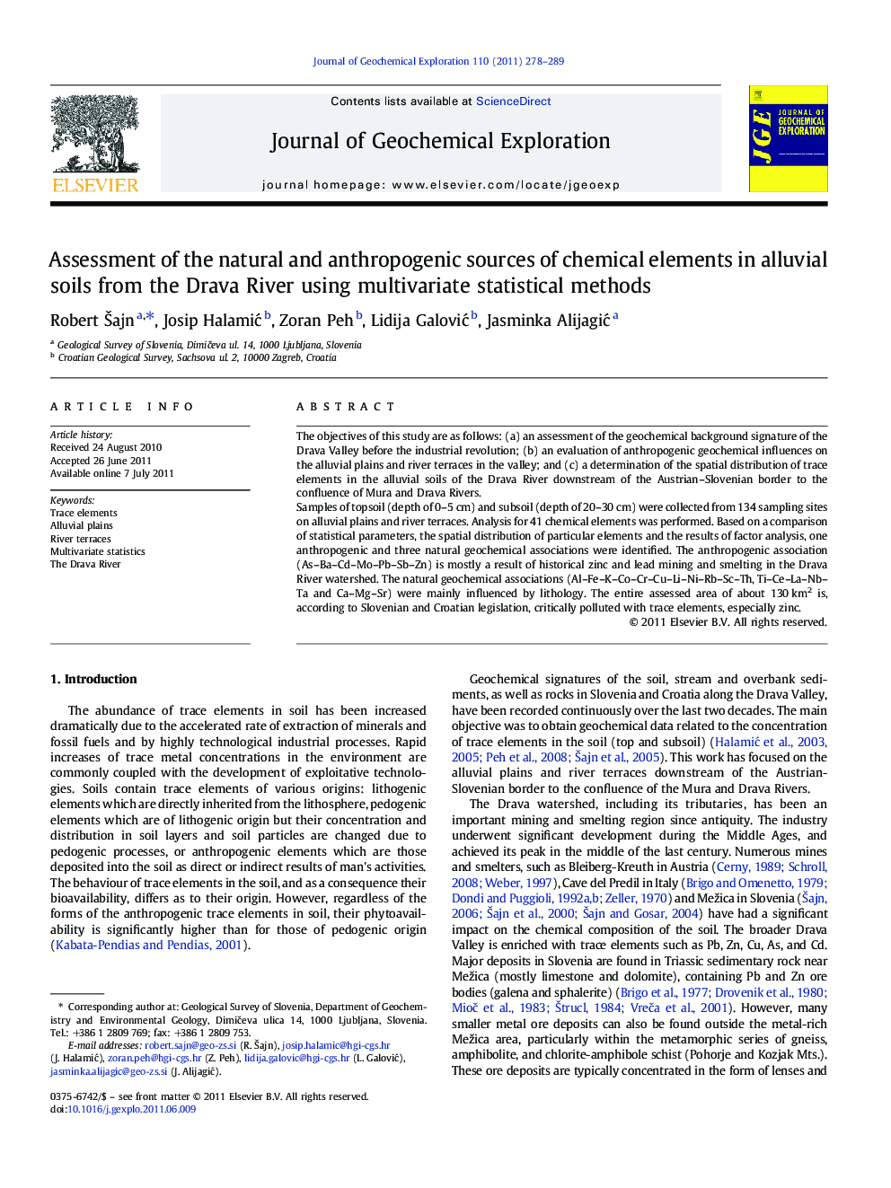Assessment of the natural and anthropogenic sources of chemical elements in alluvial soils from the Drava River using multivariate statistical methods