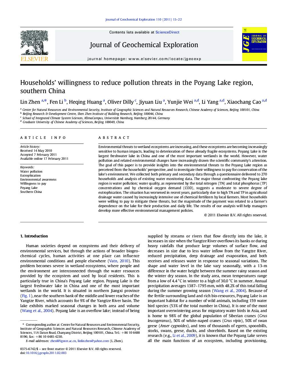 Households' willingness to reduce pollution threats in the Poyang Lake region, southern China