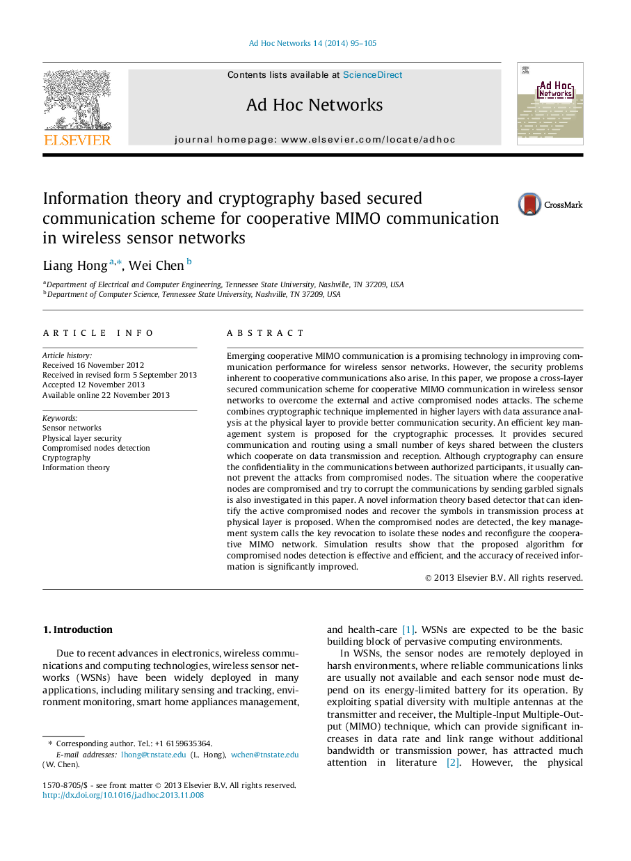 Information theory and cryptography based secured communication scheme for cooperative MIMO communication in wireless sensor networks