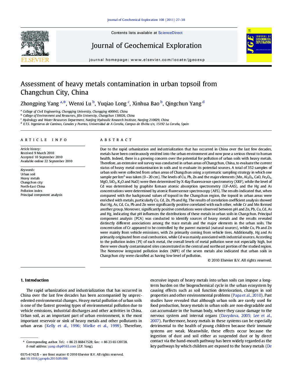 Assessment of heavy metals contamination in urban topsoil from Changchun City, China