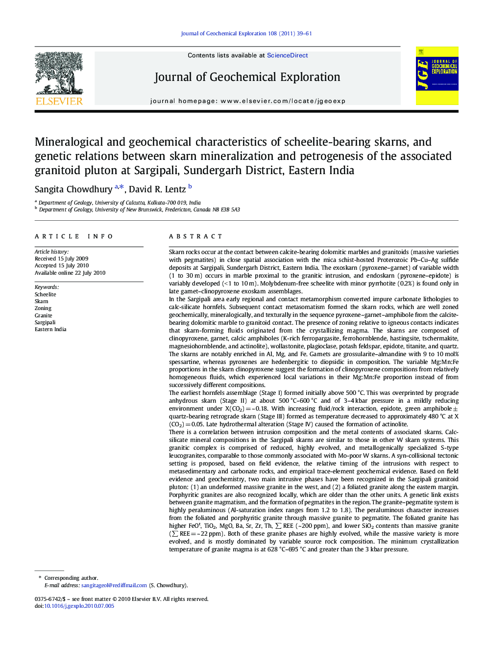 Mineralogical and geochemical characteristics of scheelite-bearing skarns, and genetic relations between skarn mineralization and petrogenesis of the associated granitoid pluton at Sargipali, Sundergarh District, Eastern India