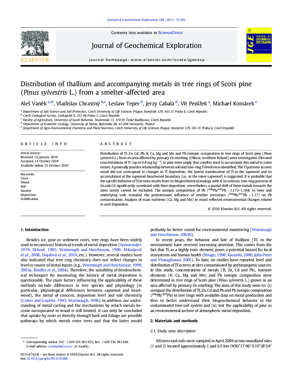 Distribution of thallium and accompanying metals in tree rings of Scots pine (Pinus sylvestris L.) from a smelter-affected area