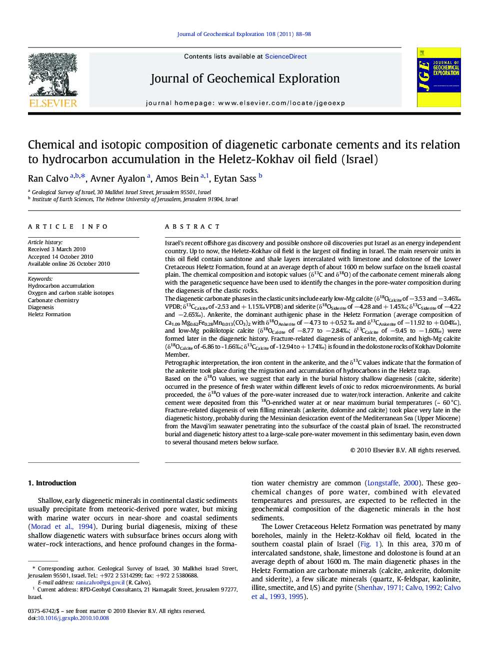 Chemical and isotopic composition of diagenetic carbonate cements and its relation to hydrocarbon accumulation in the Heletz-Kokhav oil field (Israel)