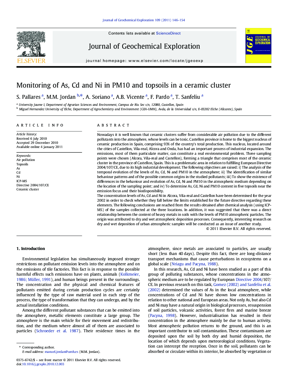 Monitoring of As, Cd and Ni in PM10 and topsoils in a ceramic cluster