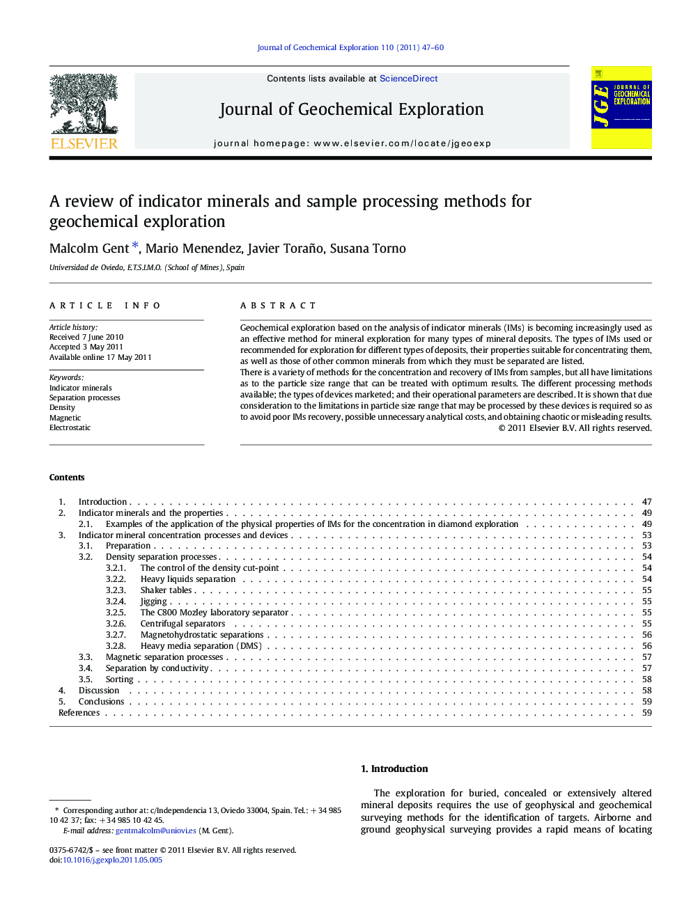 A review of indicator minerals and sample processing methods for geochemical exploration