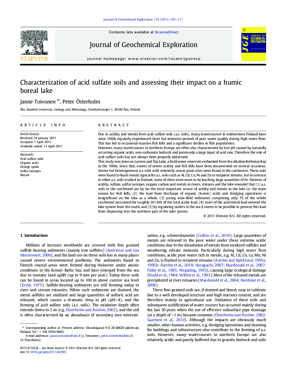 Characterization of acid sulfate soils and assessing their impact on a humic boreal lake