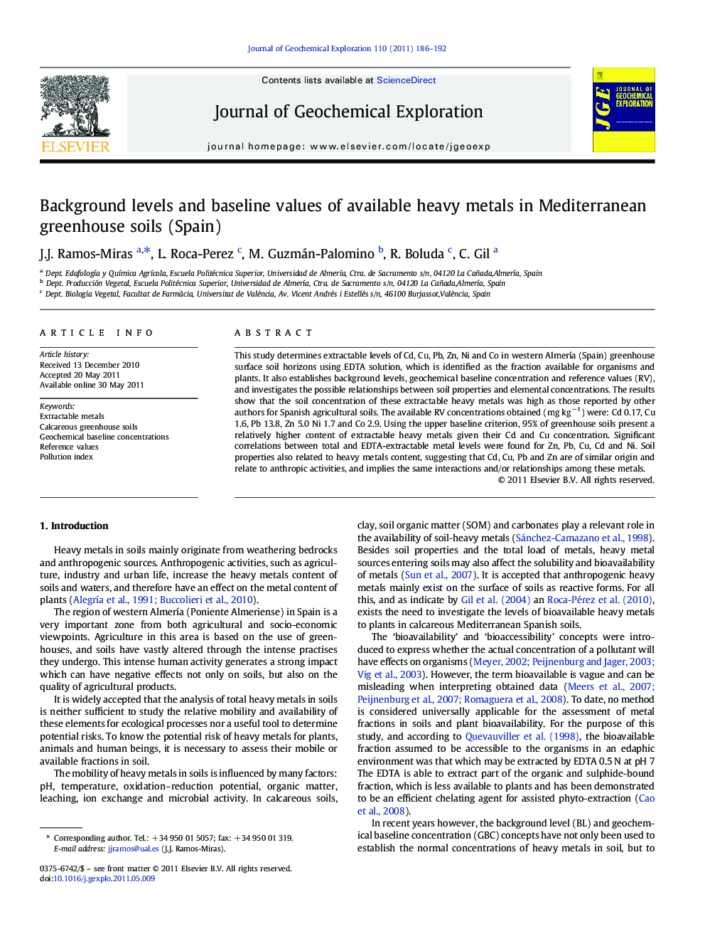 Background levels and baseline values of available heavy metals in Mediterranean greenhouse soils (Spain)