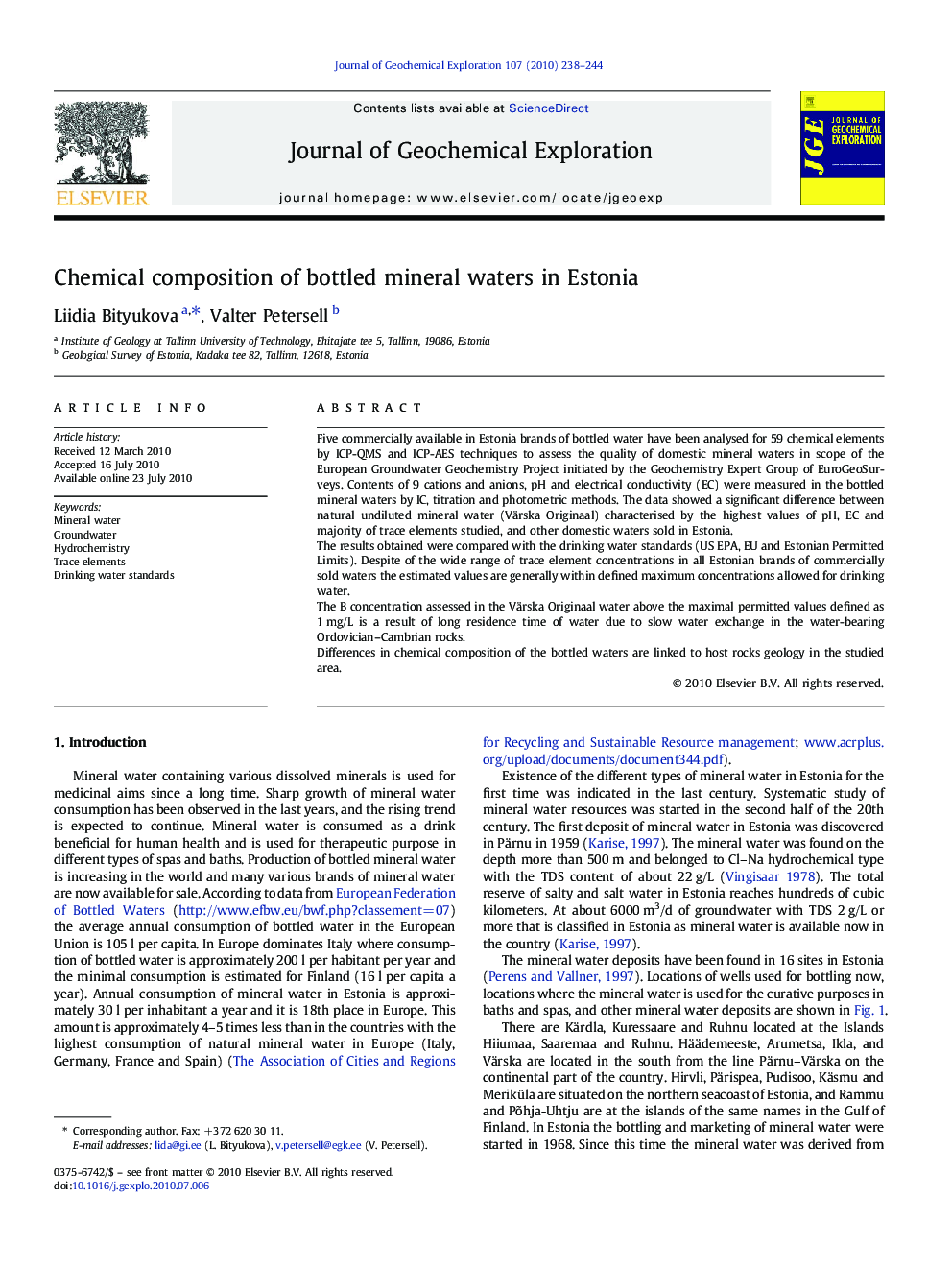 Chemical composition of bottled mineral waters in Estonia