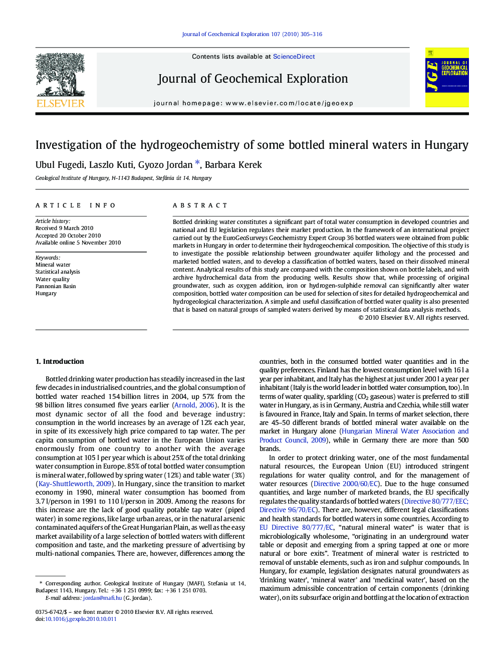 Investigation of the hydrogeochemistry of some bottled mineral waters in Hungary