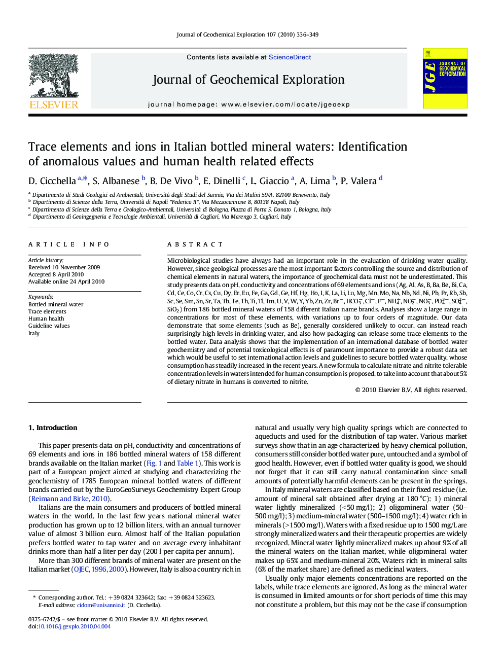 Trace elements and ions in Italian bottled mineral waters: Identification of anomalous values and human health related effects