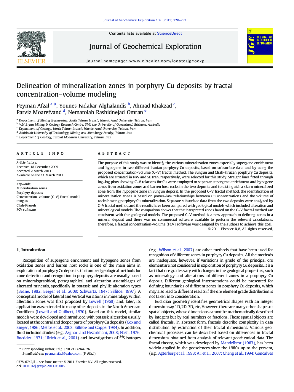 Delineation of mineralization zones in porphyry Cu deposits by fractal concentration–volume modeling
