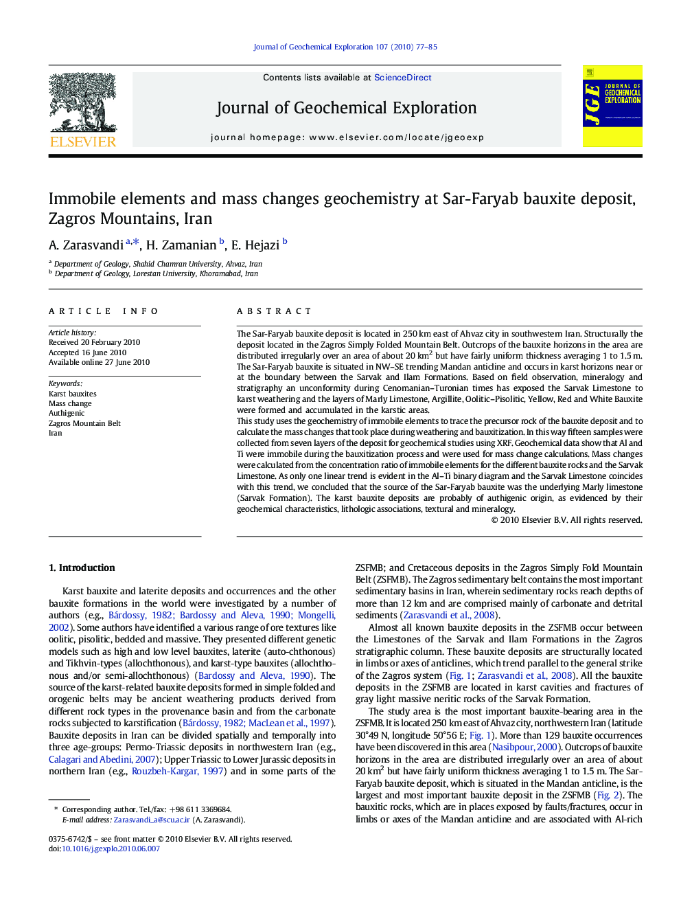 Immobile elements and mass changes geochemistry at Sar-Faryab bauxite deposit, Zagros Mountains, Iran